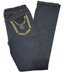 Vintage Y2K Rocawear Bootcut Flare Jeans Size 7 Navy Denim Gold Embroidery